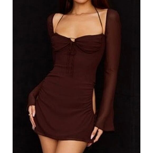 House of CB Baby Chocolate Chiffon Cutout Halter Mini Dress Size S Small - Picture 2 of 7
